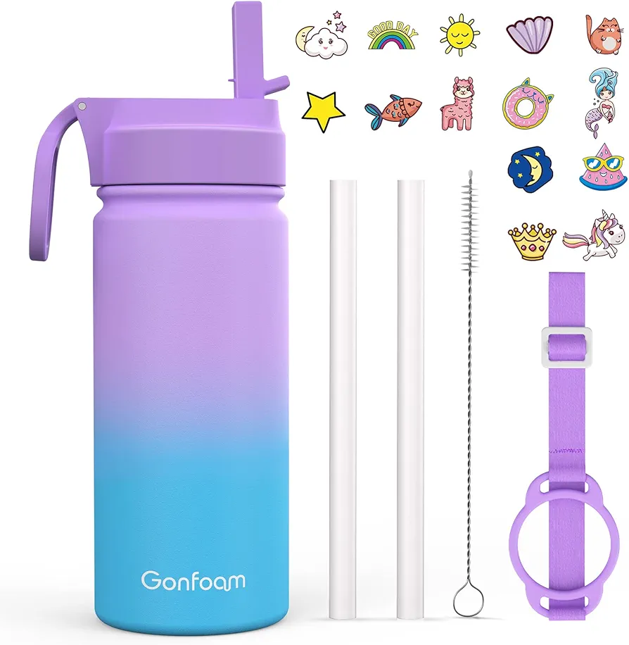 16oz Water Bottles with Straw and Stickers, Stainless Steel Vacuum Double Wall Insulated cup, Kids Water Bottle for School, Gifts for Girls(Purple and Blue)