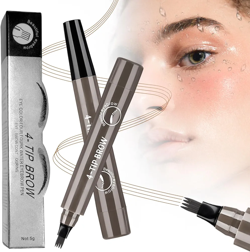 Microblading Eyebrow Pencil, 2025 Upgraded Waterproof 3D Microblading Eyebrow Pen, 4 Tip Precise Eye Brow Pencil with Hair Like Strokes, Long Lasting Brow Pen Stay on All Day (Gray)