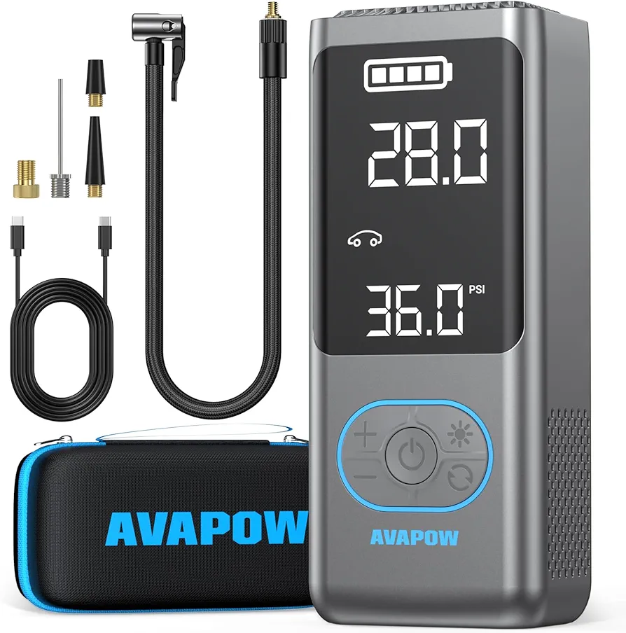 AVAPOW AP18 Tire Inflator Portable Air Compressor, 300% Faster 150 PSI Cordless Air Pump with Tire Pressure Gauge, 3.7″ Dual LCD Screen, Auto-Shuts Off Tire Pump for Car, Motorcycle, Bicycle, Balls