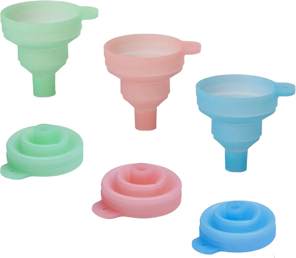 Outlery Collapsible Funnels for Kitchen Set of 3 - (2.6"x2.5") - Food Grade, Wide Mouth Design for Bottles, Jars, Cooking and Canning - Compact and Convenient - Blue, Mint, Rose