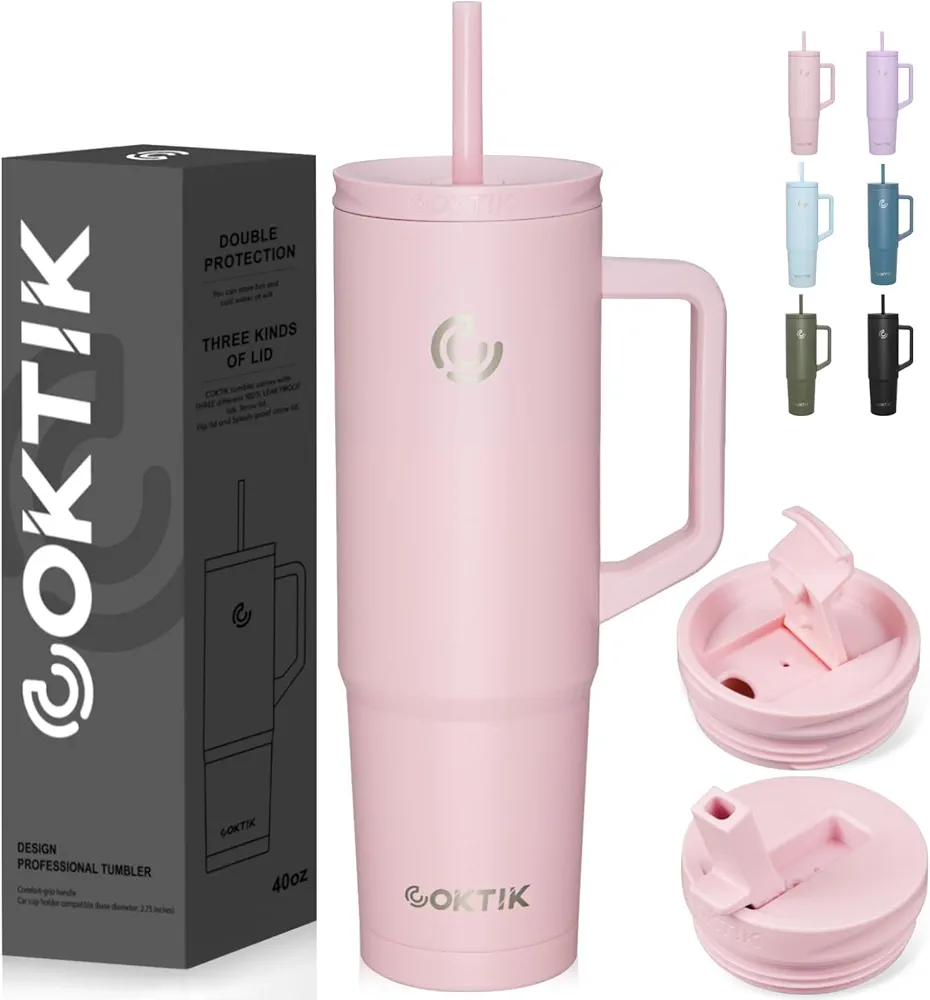 COKTIK 40 oz Tumbler with Handle and Straw, 3 Lids (Straw/Flip), Stainless Steel Vacuum Insulated Cup, 40 Ounce Travel Mug,Cupholder Friendly,Keeps Water Cold,Easy to Clean (Blush)