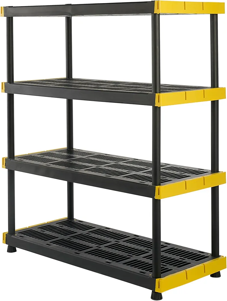 CX Black & Yellow®, 4-Tier Heavy Duty Plastic Storage Shelving Unit, 200lbs/shelf (55”H x 48”W x 20”D), for Indoor/Outdoor Organization, Modular Rack