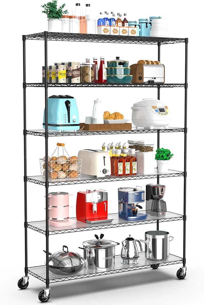 6 Tier NSF Wire Shelf Shelving Unit, 18 x 48 x 82 Inch 6000lbs Capacity Heavy Duty Adjustable Storage Metal Rack with Wheels/Leveling Feet & Shelf Liners, Ideal for Garage, Kitchen, and More - Black