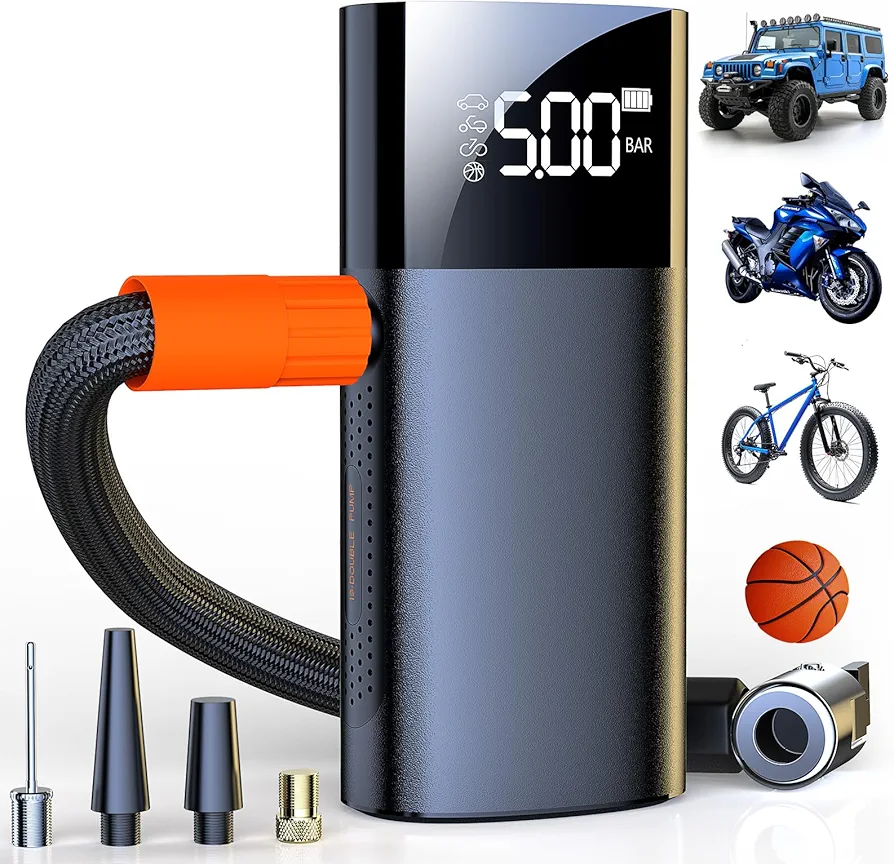 Tire Inflator Portable, 2x Faster Mini Air Compressor,150PSI Cordless Air Pump with LED Light for Cars, Bike & Motorcycle Tires, Ball (Metallic Black)