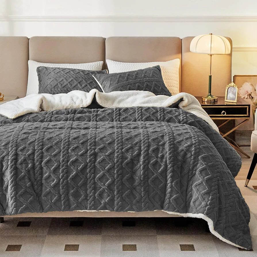 Joyreap 3-Piece Fluffy Faux Fur Sherpa Comforter Set Gray, Queen Size Luxury Tufted Bedding Comforter Set, All Season Soft n Cozy Plush Comforter Bed Set- 88x88 inches