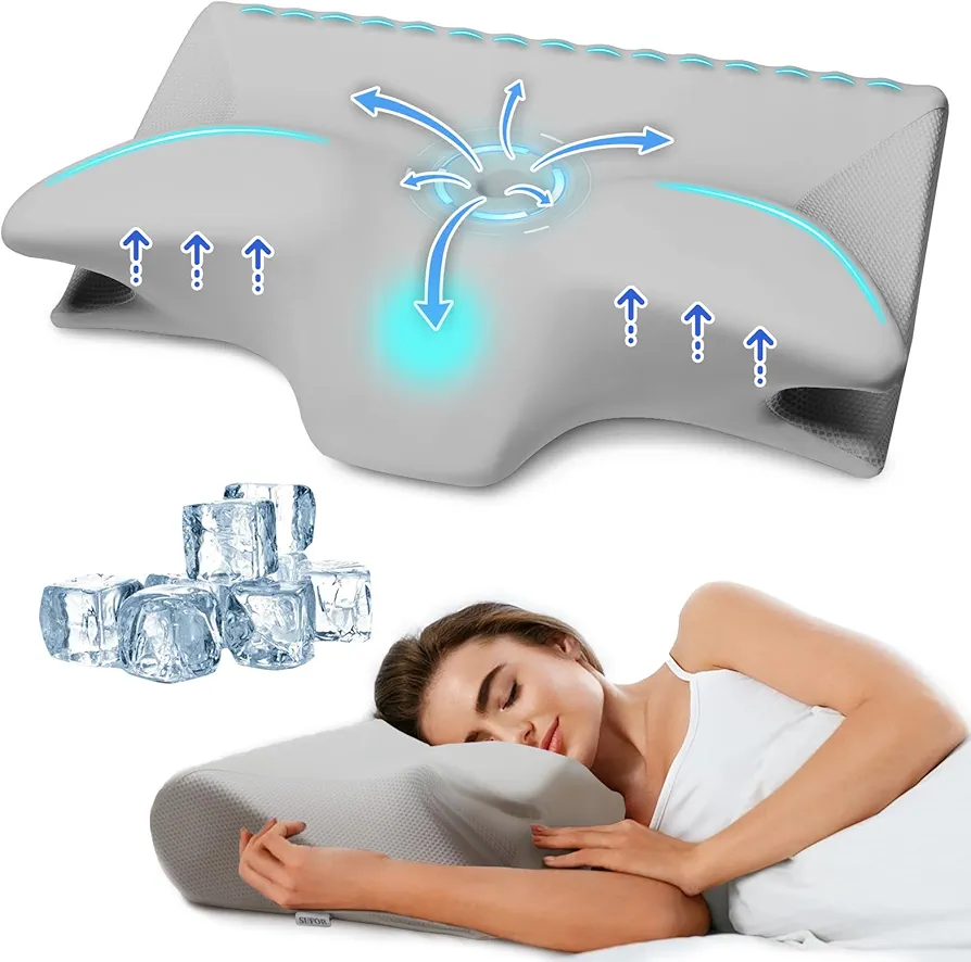 Cervical Pillow for Neck Pain Relief, Cooling Contour Memory Foam Pillows Support Odorless Ergonomic Neck Pillow Adjustable Orthopedic Bed Pillow for Side Back Stomach Sleeper with Pillowcase,Grey