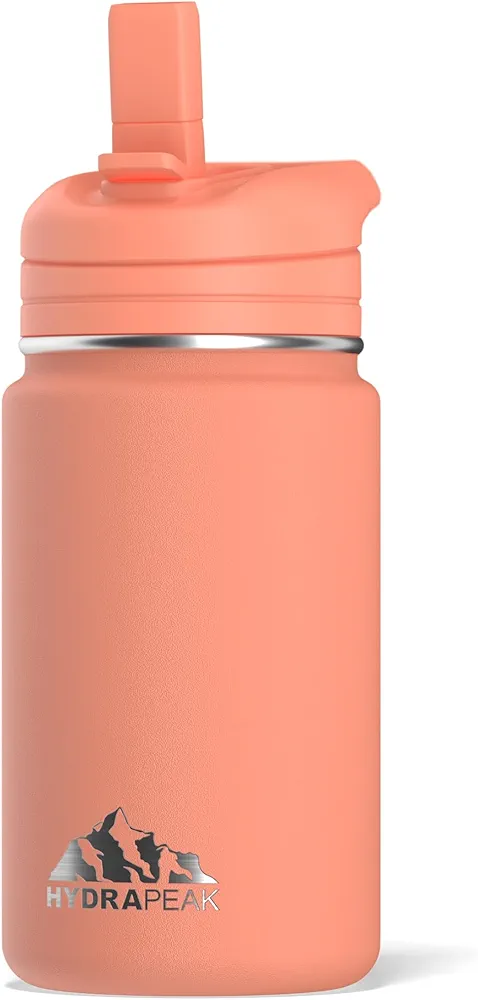 Hydrapeak Mini 14oz Water Bottle with Straw Lid, Stainless Steel Double Wall Insulated Water Bottle | Leak-Proof and Spill-Proof Water Bottle, 24 Hours Cold (Peach)