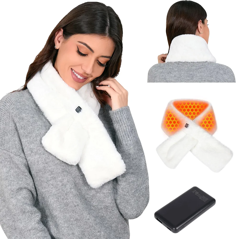 Graphene Heated Scarf for Women Men, Faux Fur Neck Heating Pad with Rechargeable 5000mAh Battery Pack, Neck Warmer with 3 Heating Levels for Pain Relief & Stiffness, Gift for Family, Lover