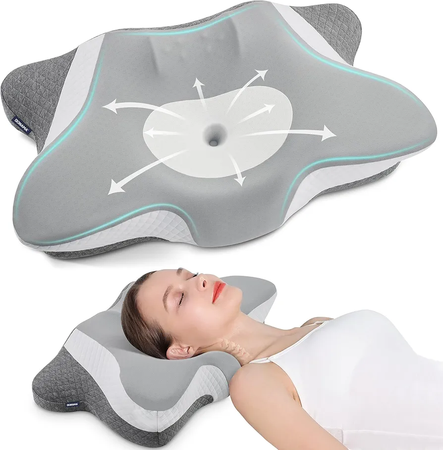 DONAMA Cervical Neck Pillow for Sleeping, Ergonomic Memory Foam Pillows with Built-in/Removable Small Neck Support Pillow, Contour Bed Pillows for Side Back Stomach Sleepers with Cooling Pillowcase