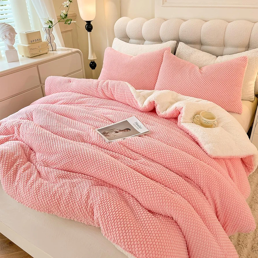 3D Jacquard Design Comforter Set, Ultra-Soft Warm Queen Size Sherpa Fur Plush 3-Pieces Sets Luxury Cozy Bedding with 2 Pillowcases (90"x90", Pink)