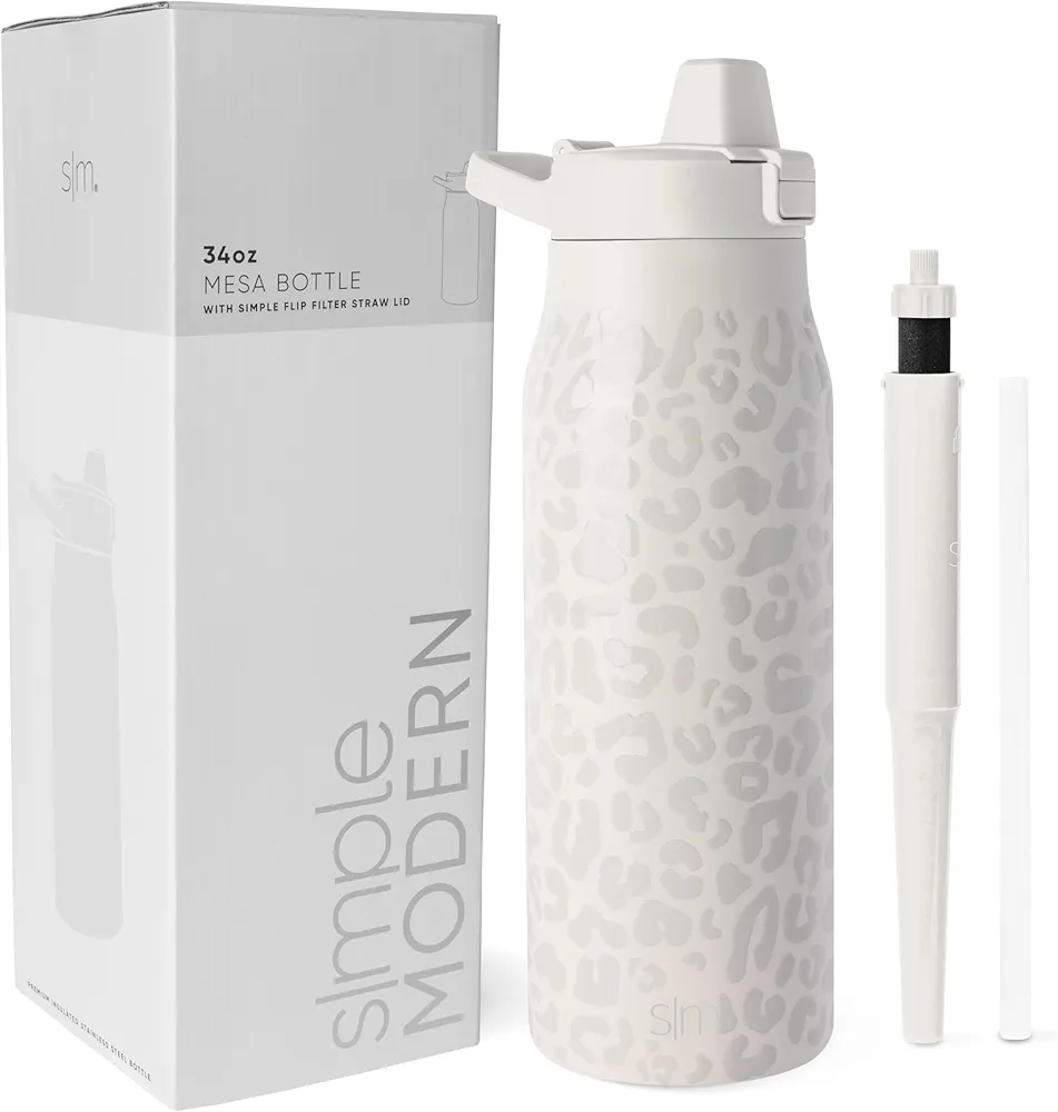 Simple Modern Filtered Water Bottle | Insulated Stainless-Steel Carbon Filter Travel Water Bottles | Reusable for Clean Drinking Water On The Go | 34oz, Cream Leopard