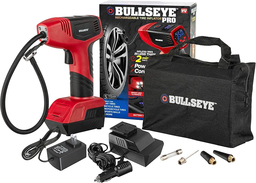 Bullseye Pro Max Deluxe Tire Inflator Portable Air Compressor, Portable Air Pump for Car Tires, Car Tire Inflator Portable - 150PSI, 12V DC 2000 mAhs, Tire Pressure Gauge, Rechargeable As Seen On TV