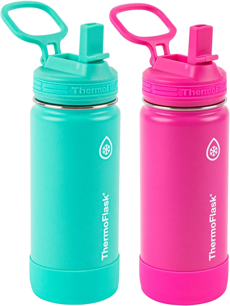 ThermoFlask Kids Bottle with Straw Lid - Durable & Dishwasher-Safe Water Bottles & Lids - Leak-Proof Bottle Lid Design - Reusable Water Bottles for Everyday Use - 16 oz, Aquamarine/Storm Pink (2 Pack)