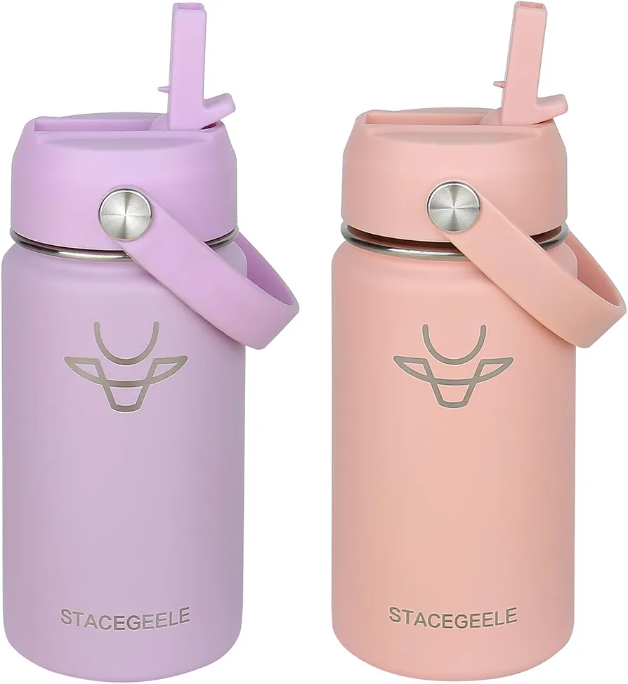 STACEGEELE Kids Stainless Steel Water Bottle with Straw Kids Insulated Water Bottle for School Kids Metal Water Bottles for Boys Girls Double Wall Vacuum Leak Proof BPA Free(2 Pack, Candy)