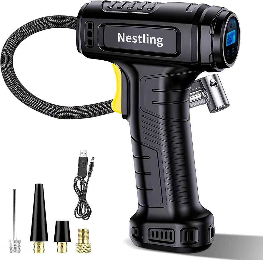 Nestling Tire Inflator Portable Air Compressor, 12V Cordless Car Tyre Inflator 150PSI Handheld Air Pump with LED Light & 4 Nozzles Suitable for Car, Bike, Sport Ball