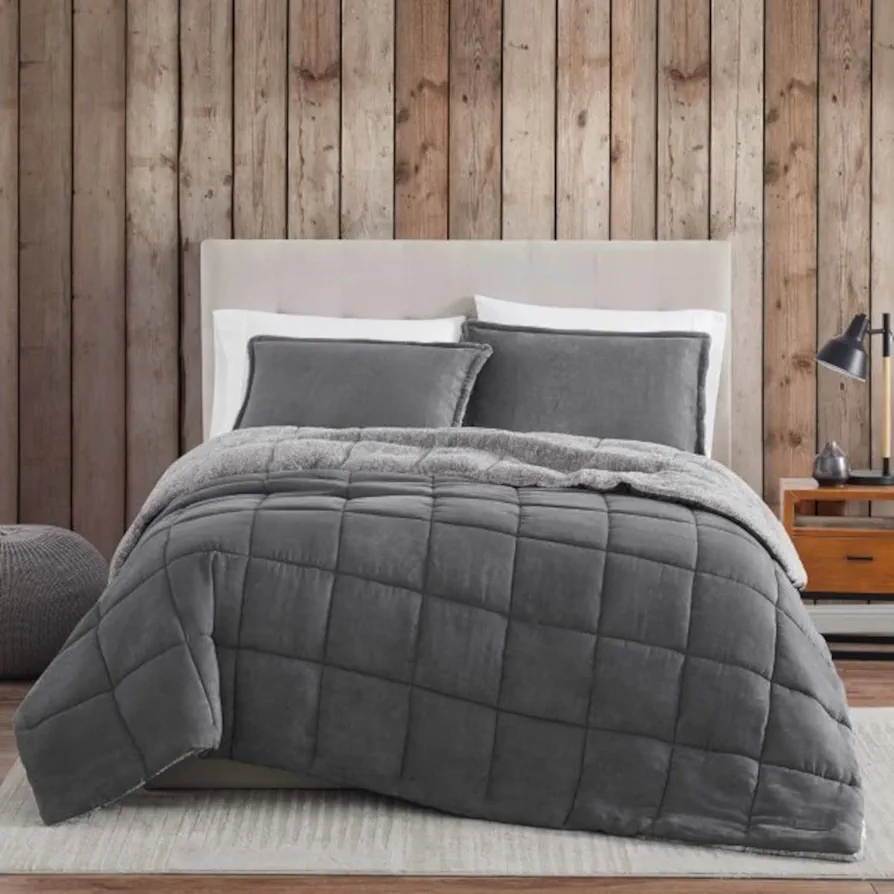 Eddie Bauer - King Comforter Set, Reversible Sherpa Bedding with Matching Shams, Cozy & Warm Home Decor (Sherwood Grey, King)