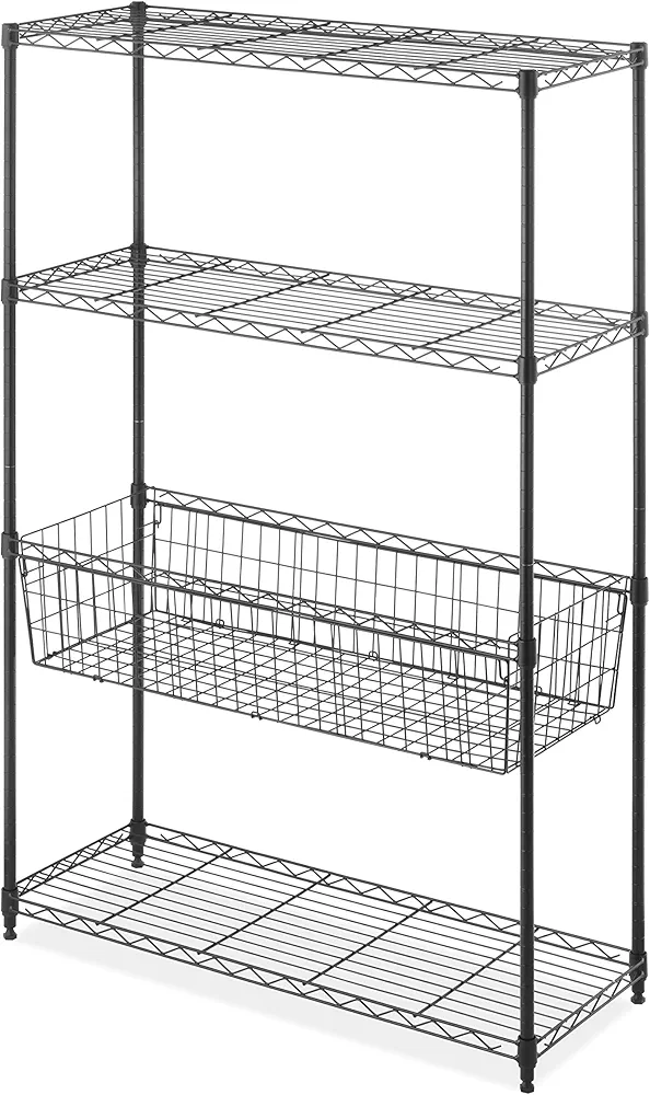 Whitmor 4-Wire Shelving Unit, Metal Storage Shelves with Basket, Easy Assembly Home Organizer for Pantry, Kitchen, Garage, Plant