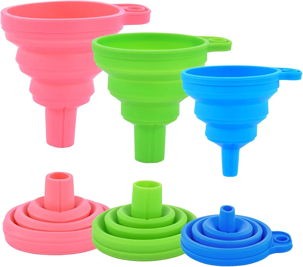 Kitchen Silicone Collapsible Funnel Set of 3,Small and Large,Flexible-Foldable-Cooking-Food-Grade Funnels for Filling Small or Mini Bottles,Perfume,Filling Capsules,Fry Oil Filter,Essential Oil,Spice