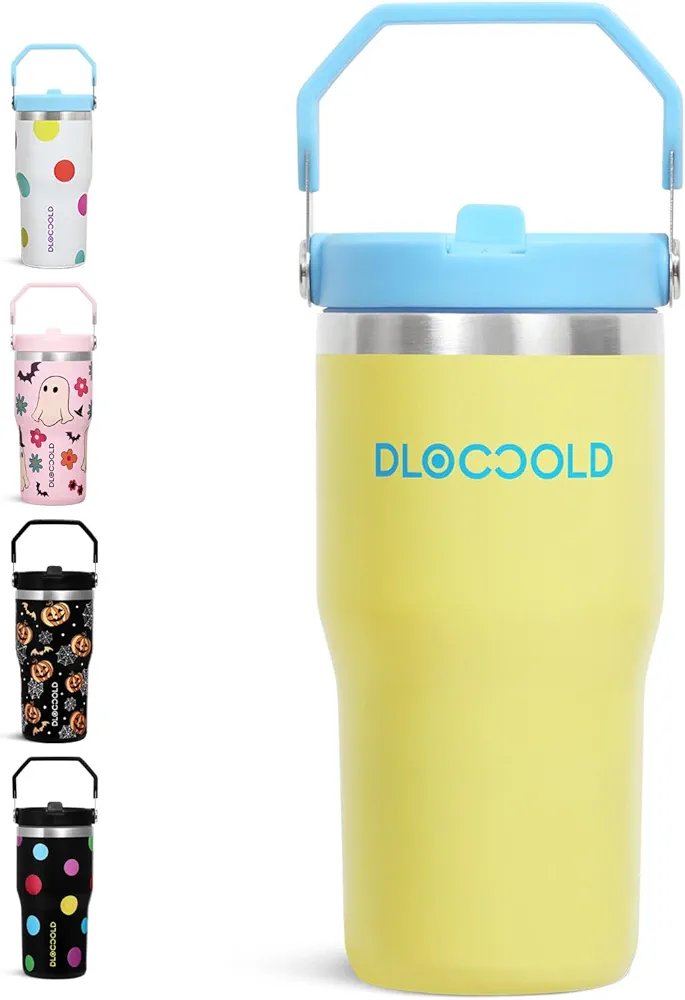 DLOCCOLD 20 oz Tumbler with Handle & Flip Straw for Kids, Insulated Stainless Steel Leak Proof Water Bottle with Sip Lid Home, Car, Sports, Outdoors, Reusable Cup with Straw, Cup Holder Friendly