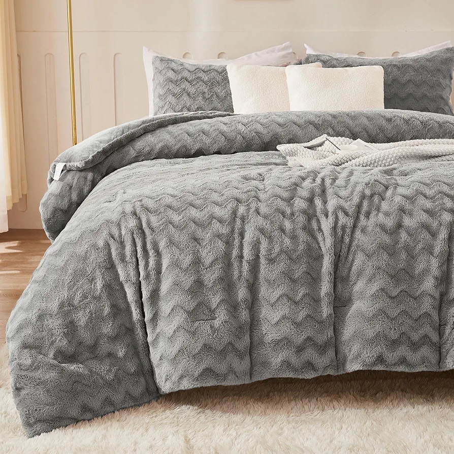 Andency Grey Fleece Comforter Set King, 3 Pieces Fuzzy Fluffy Faux Fur Bedding Comforter, Plush Shaggy Sherpa Bed Set for Winter (104x90Inch Comforter)