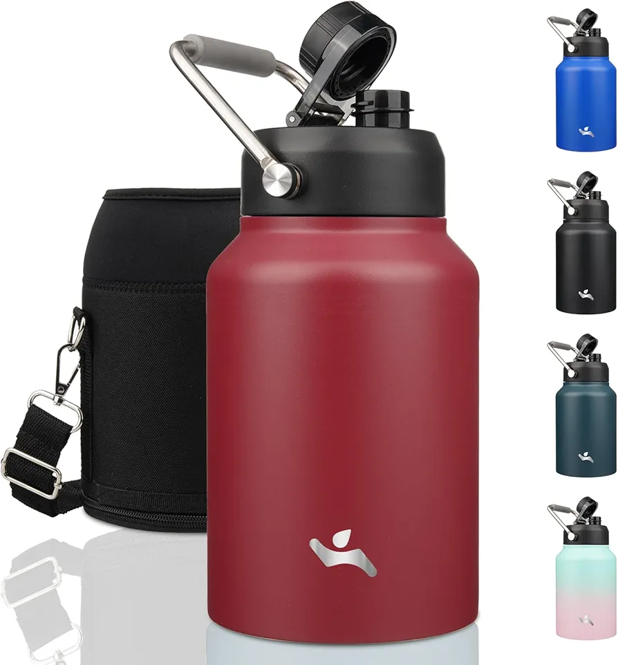 Half Gallon Jug with Handle,64 oz Insulated Water Bottle with Carrying Pouch,Double Wall Vacuum Stainless Steel Metal Bottle,Dark red