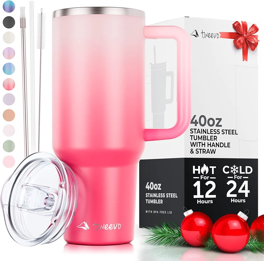 40 oz Tumbler With Handle and Straw Made of Stainless Steel - Double Wall Vacuum Insulated Tumbler With Lid - Sweat Proof Easy Grip, BPA-Free, Dishwasher Safe Tumbler (Misty Pink)