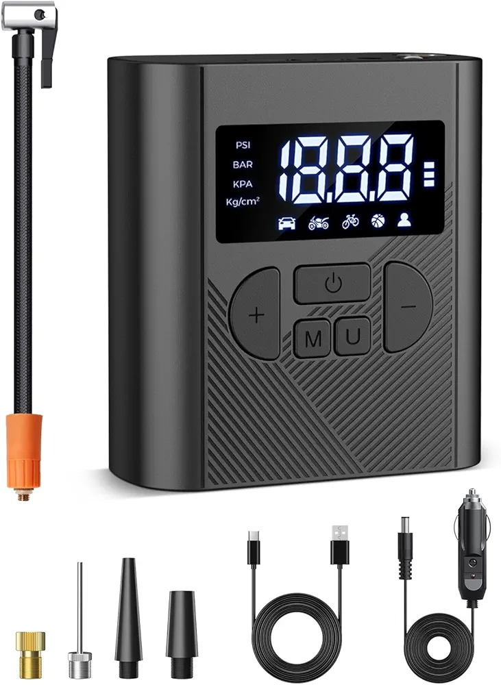 Tire Inflator Portable Air Compressor, Battery & 12V DC Cordless Air Pump for Car Tires, 150PSI Electric Bike Tire Pump for Car, Bicycle, Motor, Balls, with LCD Digital Pressure Gauge LED Light