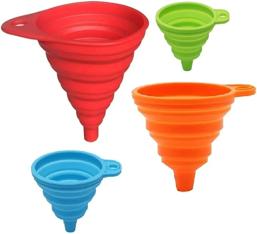 Silicone Collapsible Funnel Set of 4, Small and Large, Foldable Kitchen Funnel for Water Bottle Liquid Transfer Food Grade