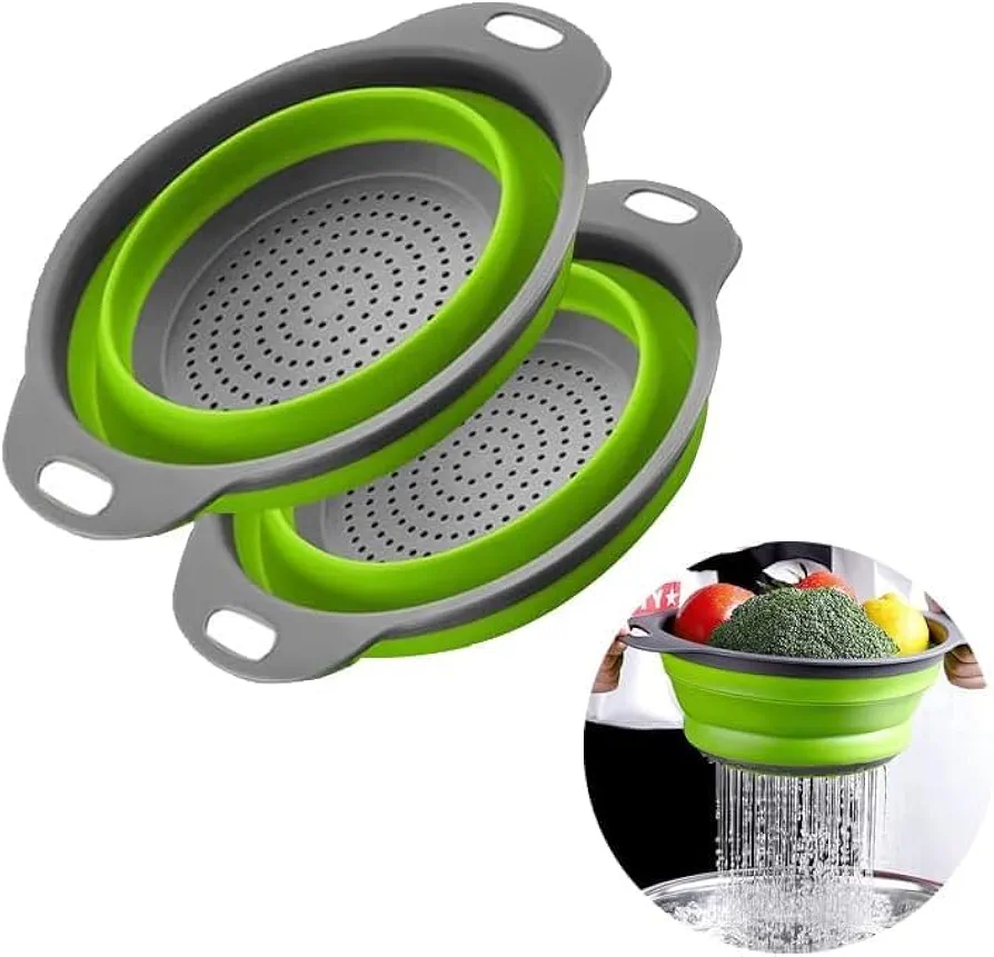 2pcs Collapsible Colander, Round Green Set Folding Silicone strainers for Kitchen, Collapsible Funnel Suitable for Draining Pasta, Vegetables and Fruits, Small