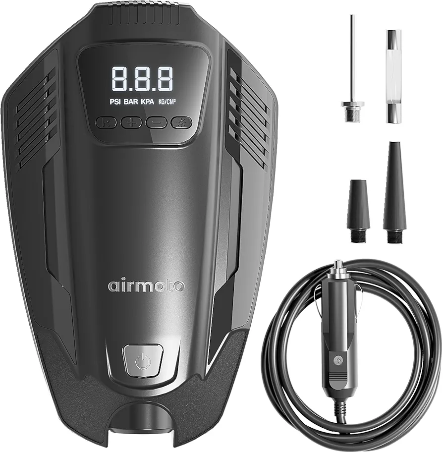 Airmoto MX100 Tire Inflator Portable Air Compressor - Air Pump for Car Tires - 12V DC Air Compressor for Car, Motorcycle, Bicycle - Portable Tire Inflator with Auto-Shutoff and LED Light