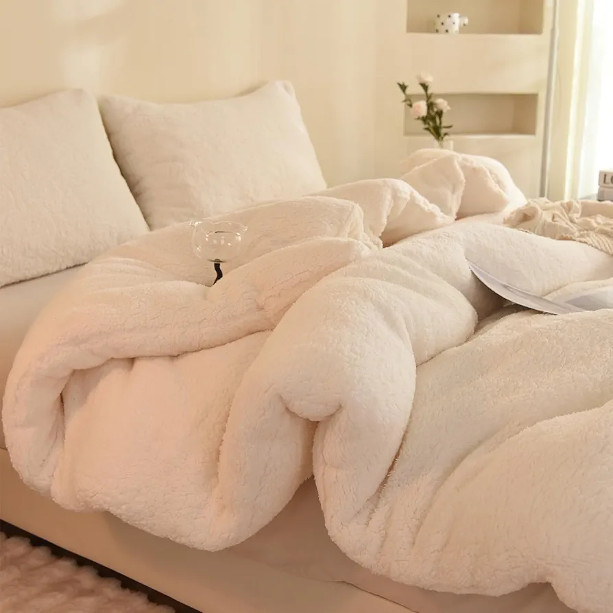 Sherpa Comforter Set Queen Size Reversible,Plush Fur Cozy Down Alternative, Fluffy Ultra Soft All Season Bedding with 2 Pillowcases, White