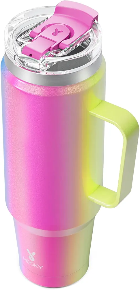 Meoky 40oz Tumbler with Handle, Stainless Steel Travel Mug with 2-in-1 Straw and Sip Lid, Vacuum Insulated Coffee Mug, 100% Leak Proof, Keeps Cold for 34 Hours or Hot for 10 Hours (Carnival)