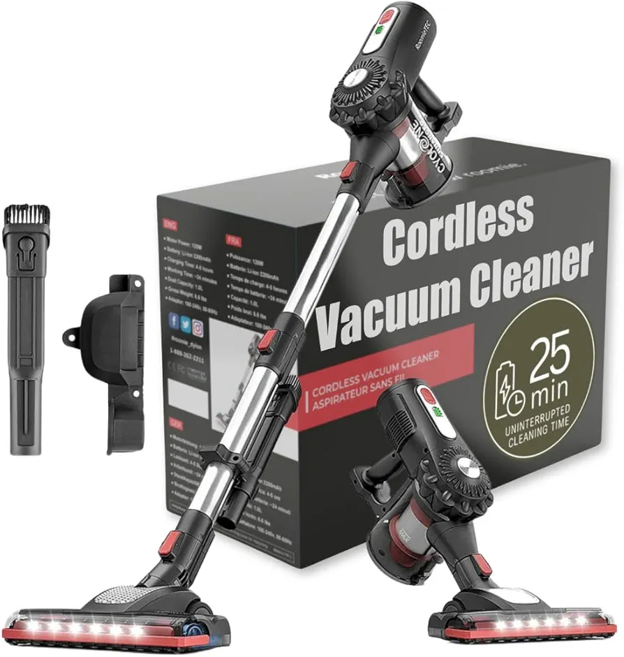 Roomie Tec Dylon Cordless Vacuum Cleaner Up to 25min 2200mAh Rechargeable Handheld Stick Vacuum Cleaners for Home Pet Hair Floor Carpet Vacuum Lightweight LED Headlight Powerful Suction 1.0L Dust Cup