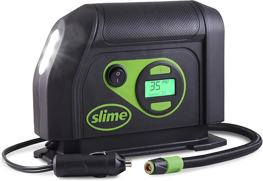 Slime 40051 Tire Inflator, Portable Car Air Compressor, Inflate Right automatic shut off, with Digital 99 psi Display, Long Hose and LED Light, 12V, 6 min inflation