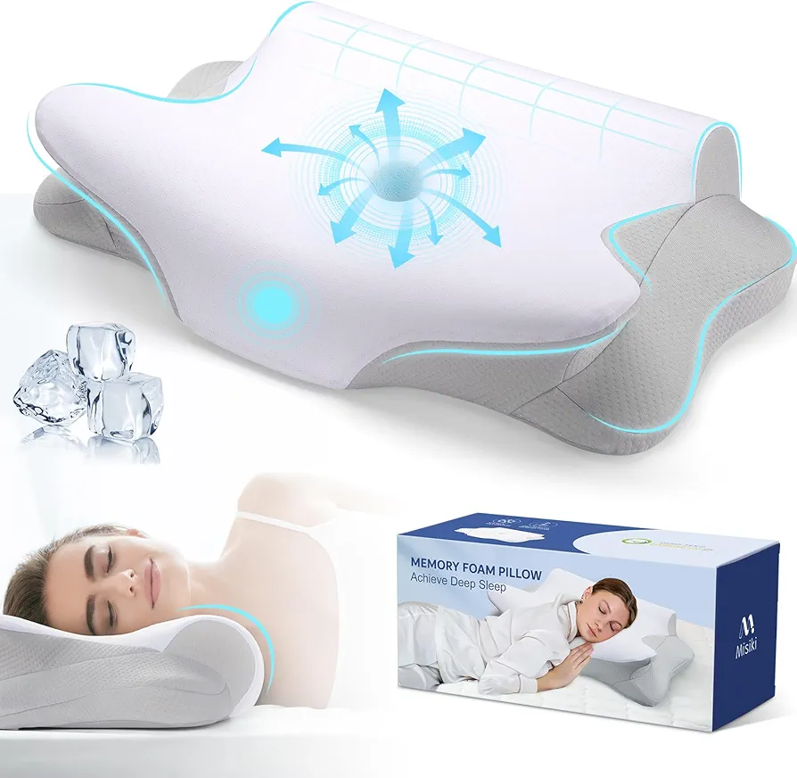 Misiki Cervical Neck Pillow, Roll Side Memory Foam Contour Pillow for Side Back Stomach Sleepers, Orthopedic Ergonomic Pillow for Neck Pain Relief with Pillowcase