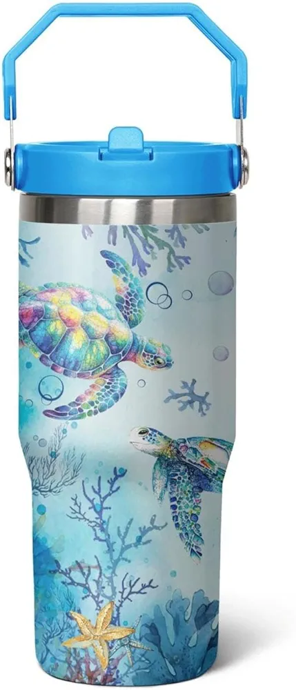 30 Oz Sea Turtle Tumbler with Handle Lid and Flip Straw,Double Wall Vacuum Stainless Steel Watercolor Ocean Turtle Cup,Water Bottle,Travel Coffee Mug,Hawaiian Sea Turtle Decor,Accessories