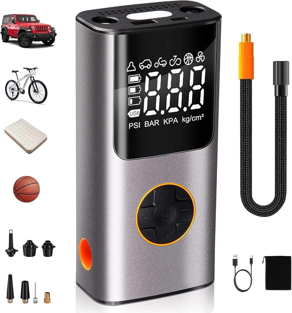 Omont Tire Inflator Portable Air Compressor, 150 PSI Portable Car Tire Air Pump with Tire Pressure Gauge, Electric Cordless Bike Pump for Cars, Motorcycles, Bikes, Balls and More