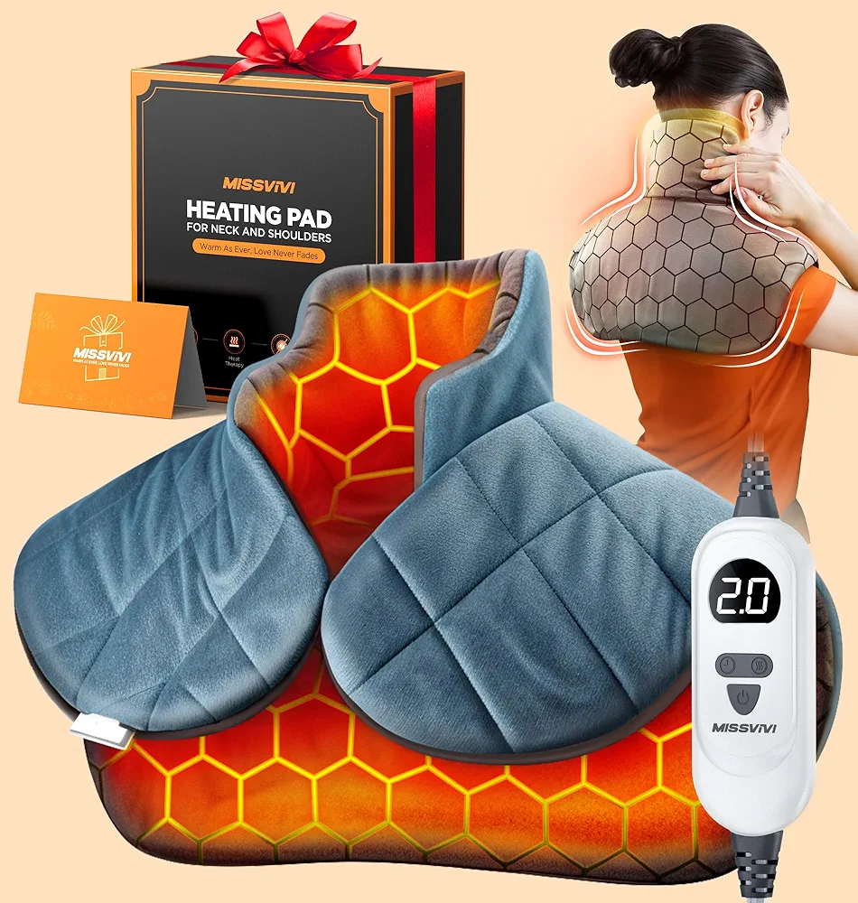 Graphene-Infused Weighted Heating Pad, Effective Pain Relief Instant Heating Pads for Neck and Shoulders and Back, Ergonomic Heated Wrap w/ 6 Heat Options 4 Auto Timer, Christmas Gifts for Women Men