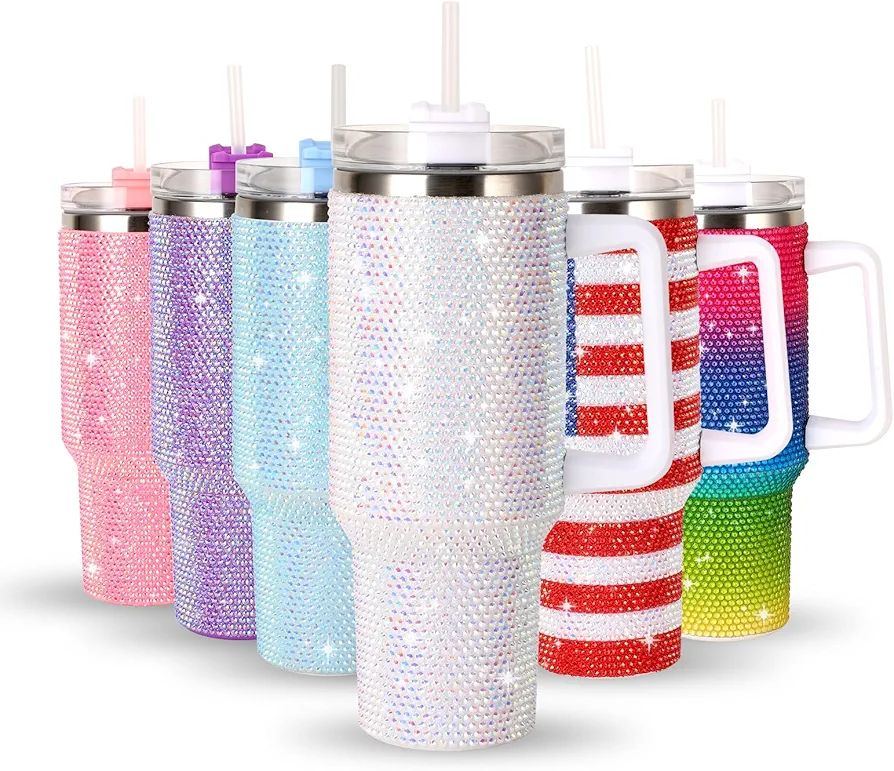 40OZ Bling Tumbler With Handle Studded Rhinestone Tumbler Glitter Cups with Lid Stainless Steel Vacuum Thermal with Straw for Ice Cold or Warm Drinking for Women Cup (White Shiny)