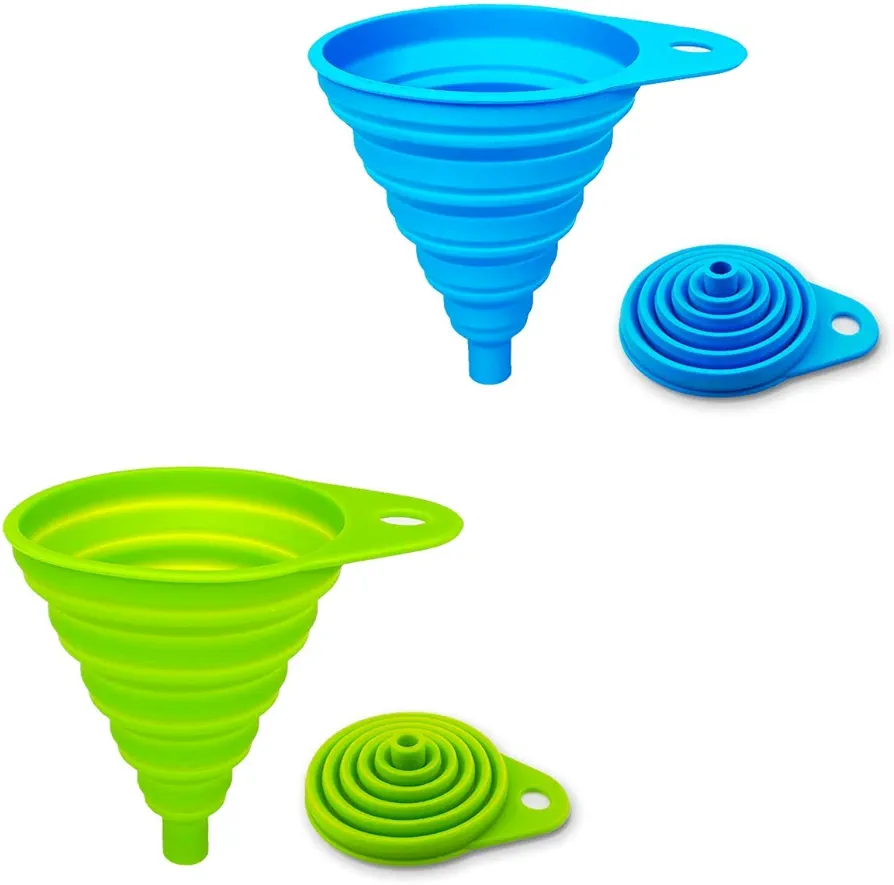 2 Pack Silicone Collapsible Funnel, Flexible Foldable Kitchen Funnel for Water Bottle Liquid Transfer Narrow and Wide Mouth Funnels Hopper (Green and Blue）