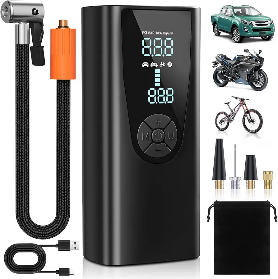 Tire Inflator Portable Air Compressor, 150PSI & 20000mAh Portable Air Pump for Car Tires, 2X Faster Inflation Bike Tire Pump with Tire Pressure Gauge, Auto Shut-off, Quick Charger | Motorcycle & Ball