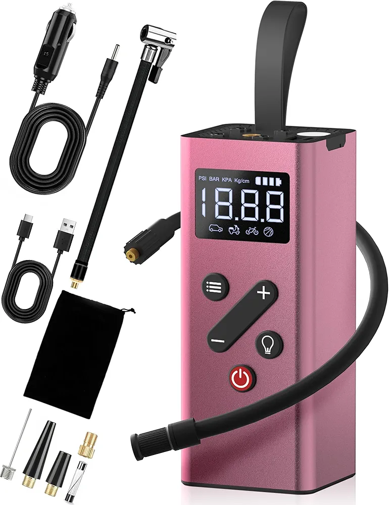 Portable Tire Inflator | 150PSI Cordless Air Compressor | Battery Power & 12V DC | Auto Shut-Off | with Presta & Schrader Valves | for Car Motorcycle Bicycle Ball | Pink