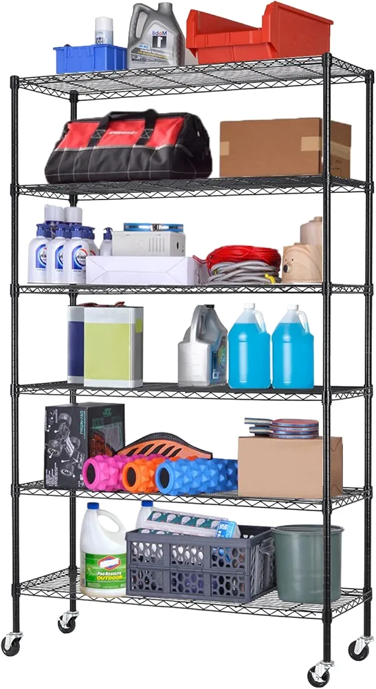 Storage Shelves 2100Lbs Capacity, 6-Shelf on Casters 48" L×18" W×72" H Commercial Wire Shelving Unit Adjustable Layer Metal Rack Strong Steel for Restaurant Garage Pantry Kitchen,Black