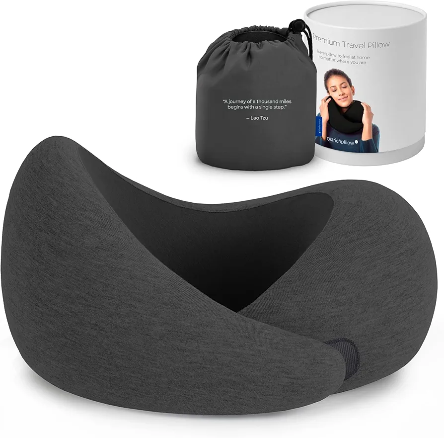 Ostrichpillow Go Neck Pillow - Premium Memory Foam Travel Pillow, 360º Ergonomic Design, Asymmetrical Sides, Travel Bag Included, Washable Modal Cover