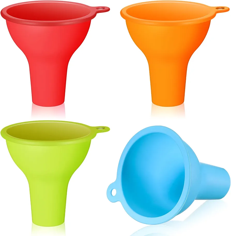 Silicone Funnels 4 Pieces Wide Mouth Funnel Flexible Condiment Funnel Sauce Funnel Canning Funnel Set for Home Restaurant Kitchen Squeeze Bottles Jars Cans, 3.2 x 1 Inch(Mixed Colors)