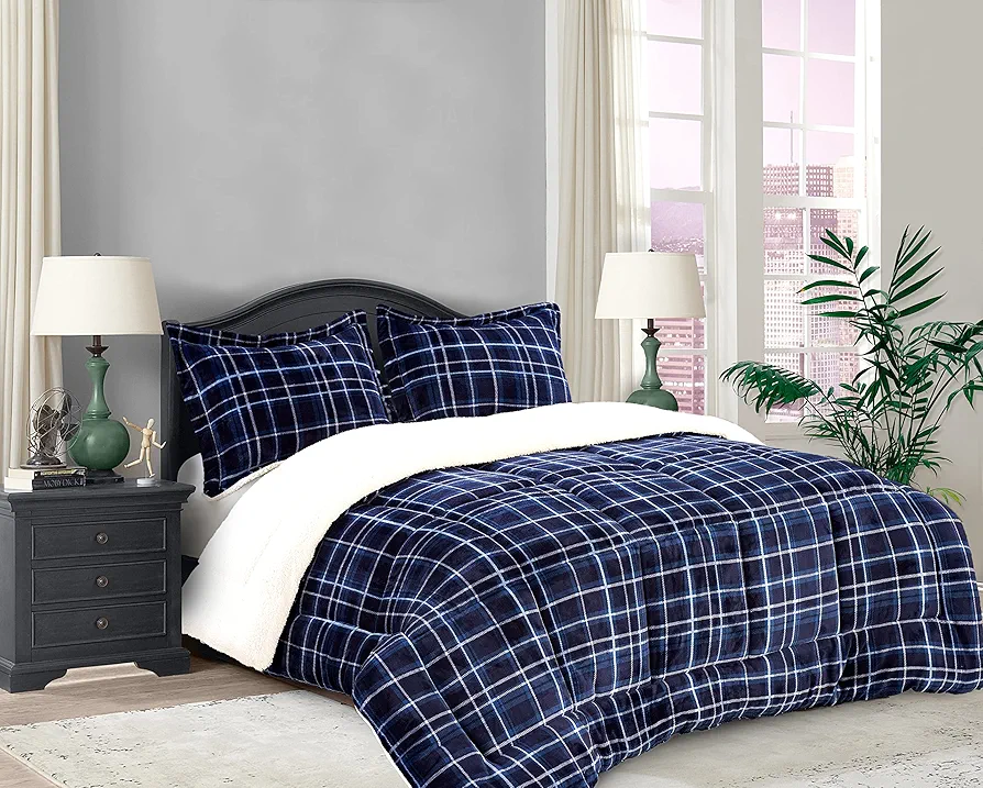 Elegant Comfort Soft & Plush Sherpa Comforter- Lilith Plaid Collection, 3-Piece Bed Set, , Reversible Down Alternative Micro-Suede, Plaid Sherpa Comforter, King, Ocean Navy