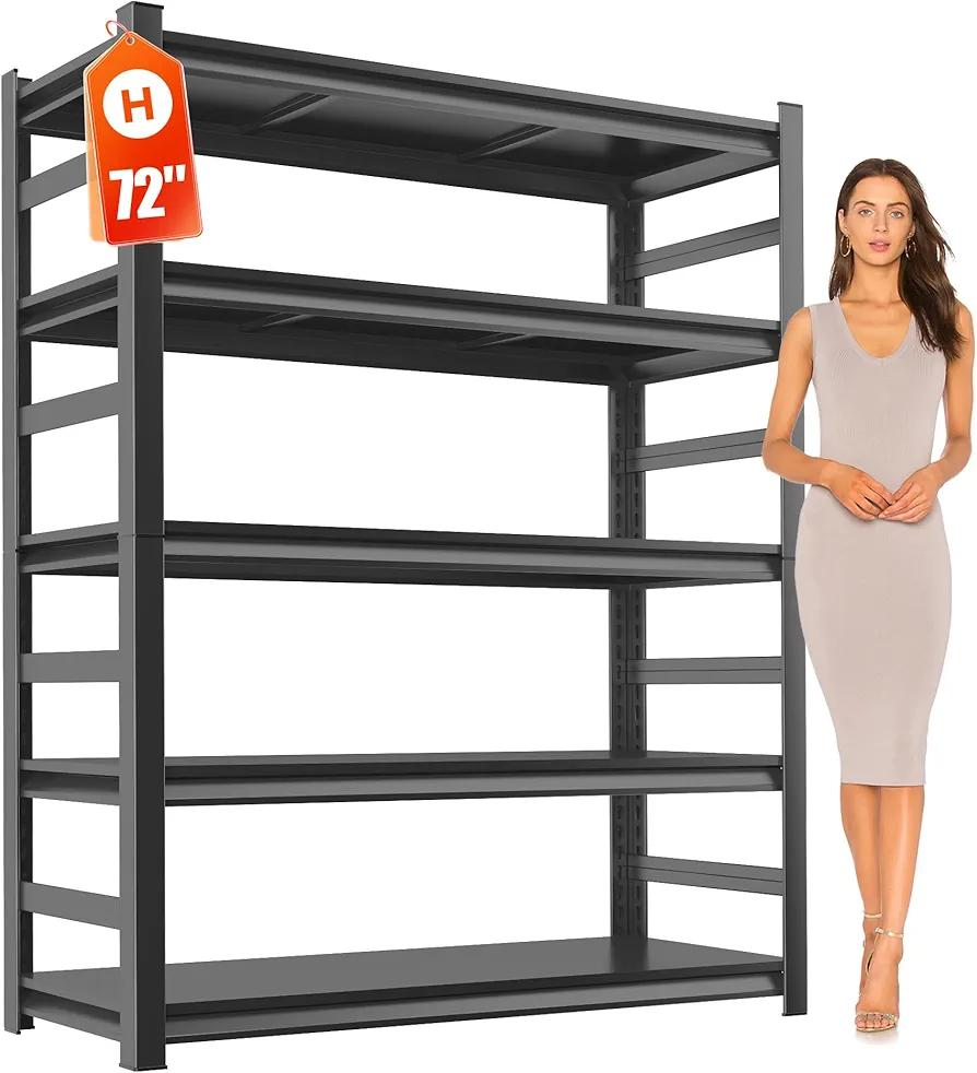 Metal Garage Shelving Unit, Heavy Duty 5-Tier Adjustable Storage Rack, Steel Shelving, 3000 lbs Capacity, Industrial Shelves for Heavy Tools and Equipment, Ideal for Garage, Basement, Black, 72"