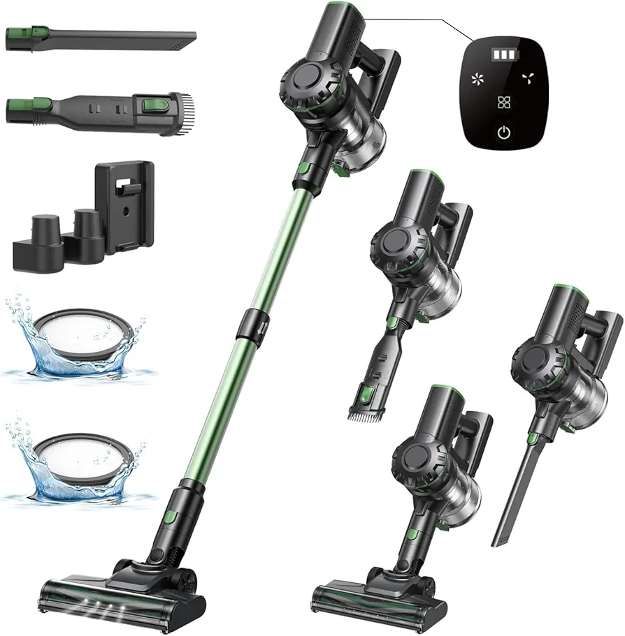 Cordless Stick Vacuum Cleaner - 30Kpa Powerful Suction with Brushless Motor, Self Standing Design, 45 Mins Runtime, LED Display, 6 in 1 Lightweight Handheld Vacuum for Home Hard Floor (Green)