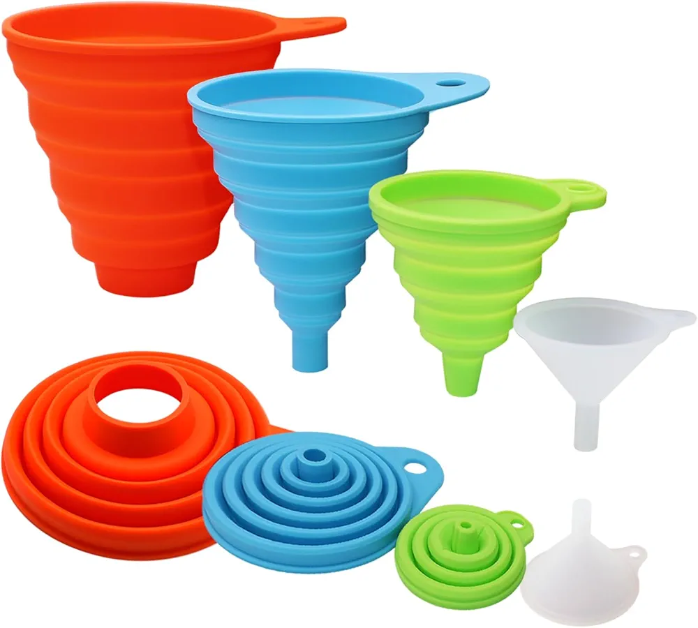 KongNai 4 Sizes Kitchen Funnel Set, Food Grade Silicone Collapsible Funnel, Funnels for Kitchen Use Filling Bottles, Canning, Cooking, and Water Powder Transfer