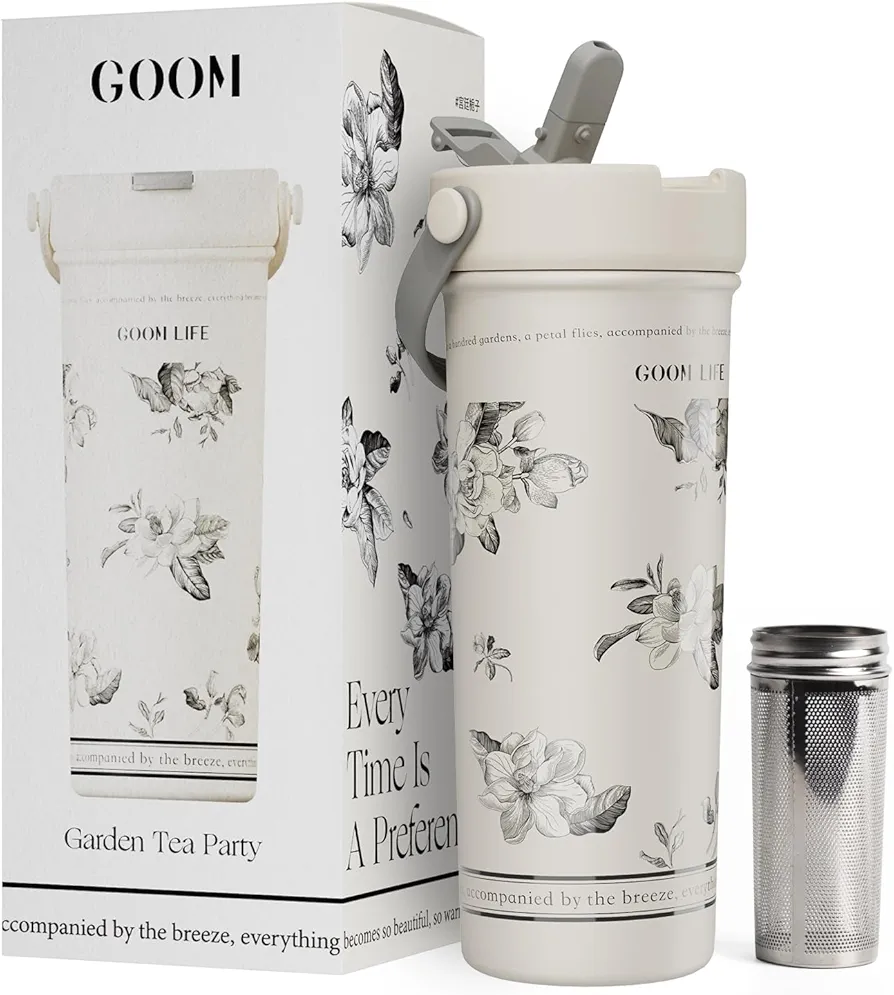 GOOM 20 oz Spill Proof Tumbler with Lid and Straw, Top Handle, Extended Tea Infuser, 6-Layer Insulation 18/10 Stainless Steel, Christmas Gifts for Mom Women Her, Teacher Gifts - Floral White